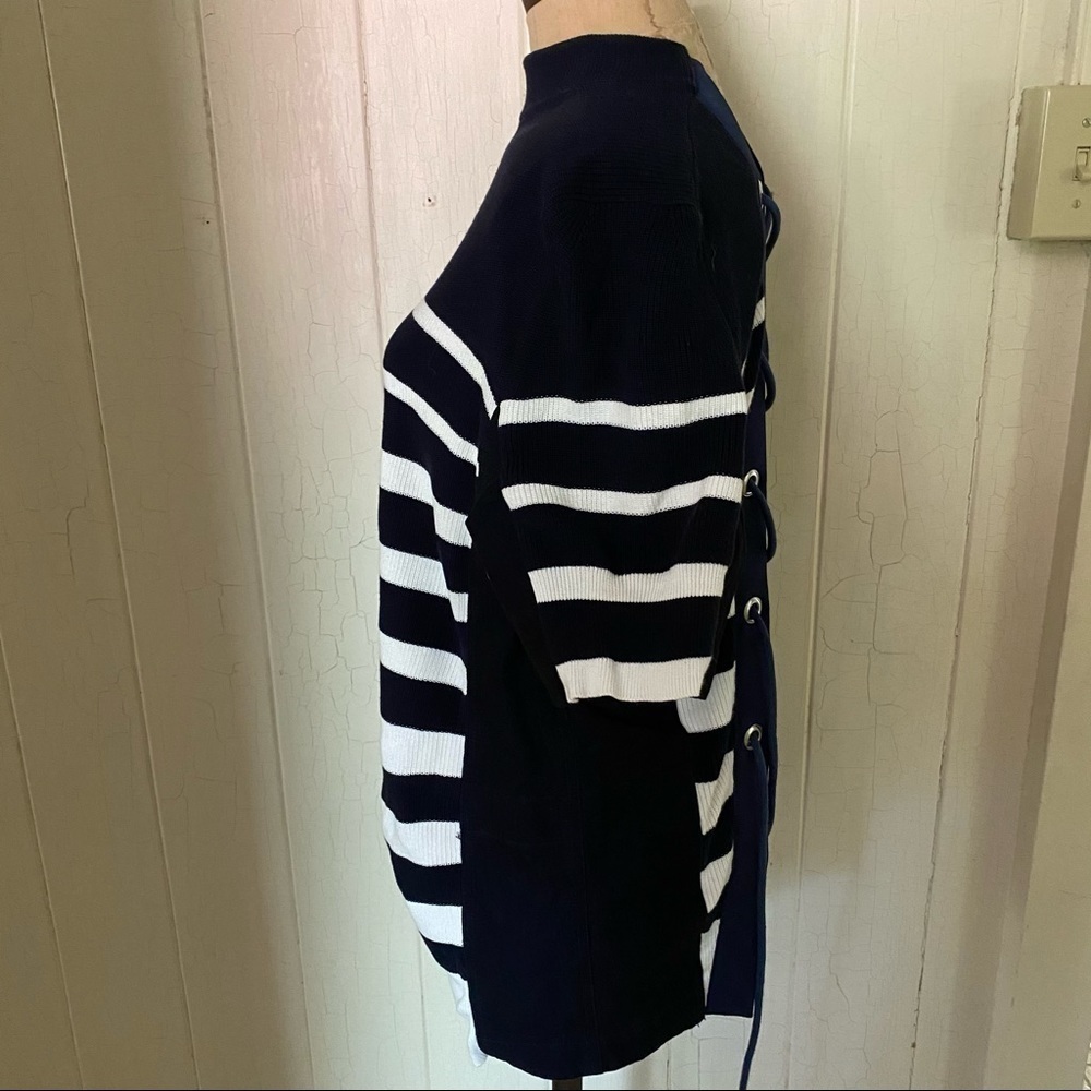 SACAI sz 4 L Navy Blue White Short Sleeve Sweater - Picture 3 of 8